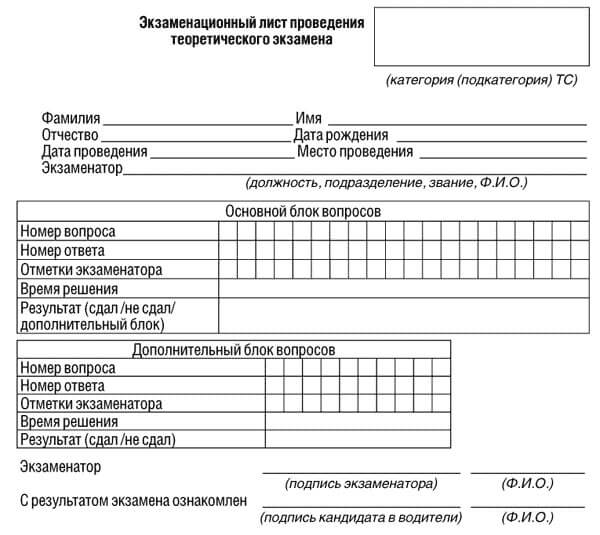 купить лист сдачи теоретического экзамена ПДД в Курской Области